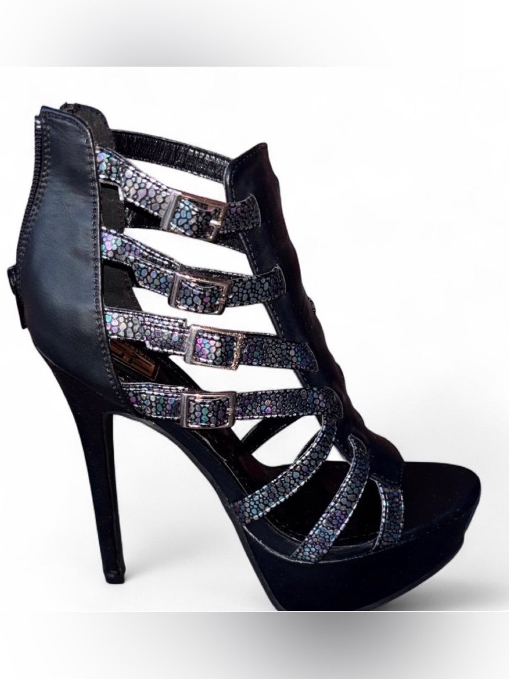 Retro Women’s Black High-Heel Cage Sandals  Iridescent Straps That Buckle Sz 8